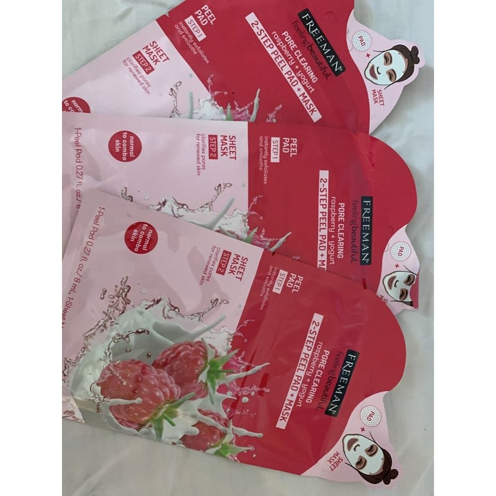 3 PACK! Freeman, Pore Clearing, 2-step Peel Pad+Mask Raspberry And Yogurt